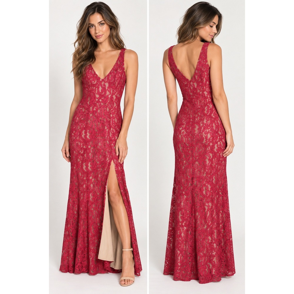 BCBGeneration Red Lace Maxi Dress Women 0 V Neck Front Slit Formal Evening Gown